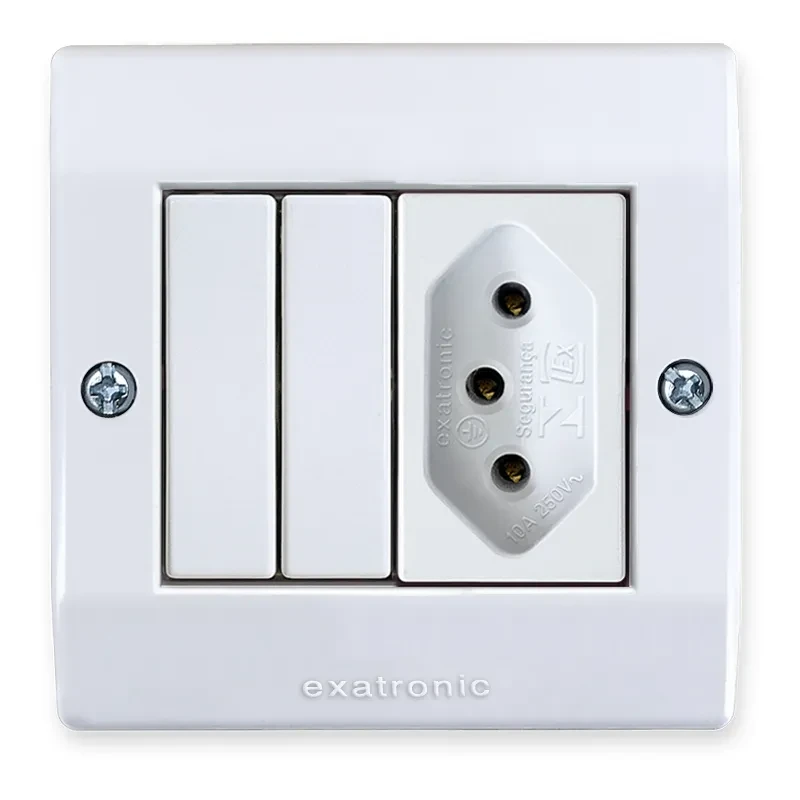 EX-341-3 Caixa de Sobrepor com 1 Tomada 2P+T 10A, 1 Interruptor 1/2 modular Simples e 1 Interruptor 1/2 modular Paralelo