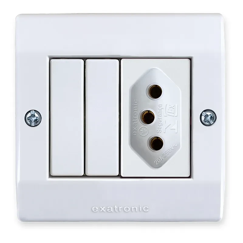 EX-342-3 Caixa de Sobrepor com 1 Tomada 2P+T 20A, 1 Interruptor 1/2 modular Simples e 1 Interruptor 1/2 modular Paralelo